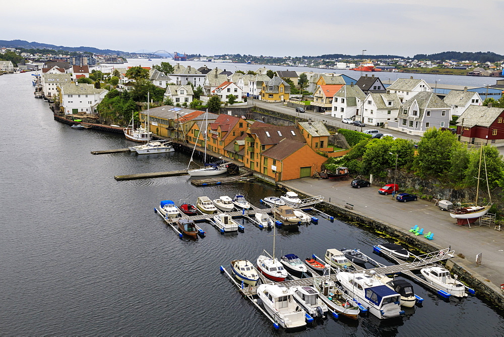 Haugesund, elevated view of harbour and historic wooden homes, Rogaland, Norway, Scandinavia, Europe