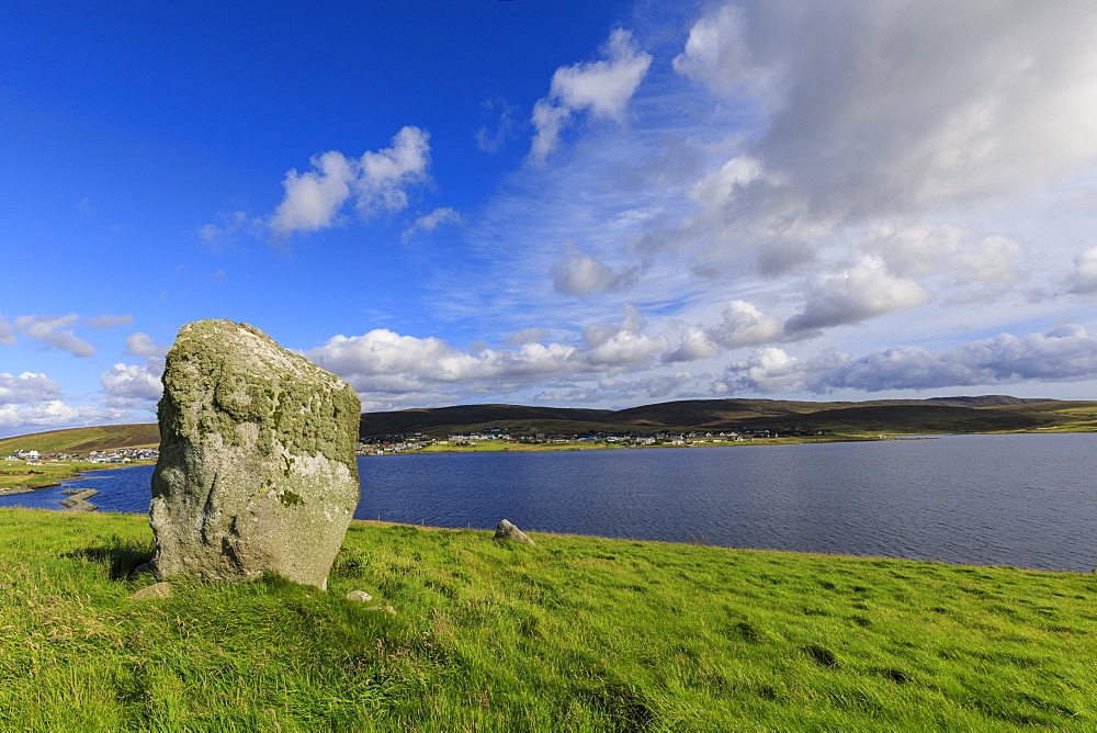 Busta Brae, Standing Stone, cloudscape and coastal views, beautiful day, Busta Voe, Brae, Delting, Shetland Isles, Scotland, United Kingdom, Europe