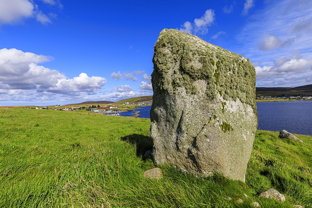 Busta Brae, Standing Stone, cloudscape and coastal views, beautiful day, Busta Voe, Brae, Delting, Shetland Isles, Scotland, United Kingdom, Europe