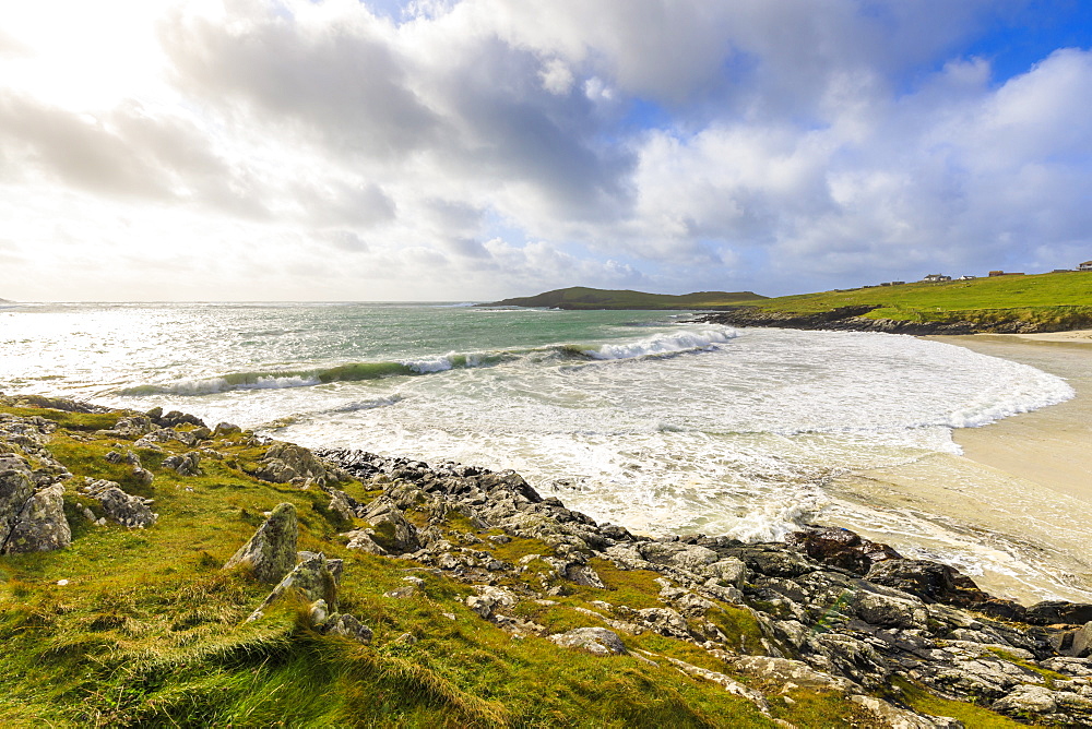 Meal Beach, breaking waves and big seas, stormy weather, Hamnavoe, West Burra Island, near Scalloway, Shetland Isles, Scotland, United Kingdom, Europe