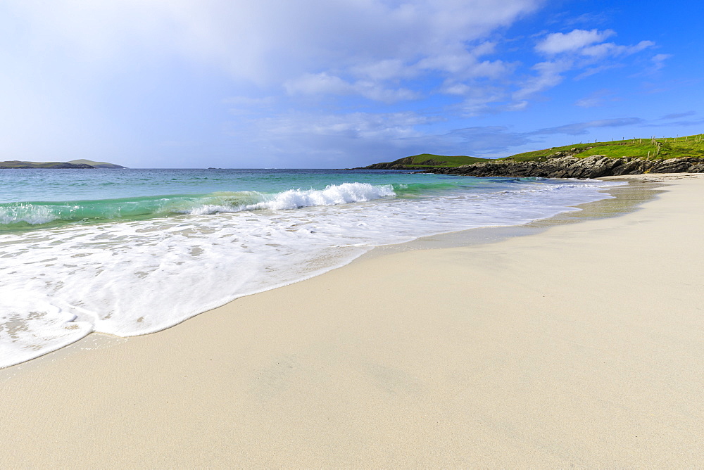 Meal Beach, white sand, turquoise water, one of Shetland's finest, Island of West Burra, Shetland Isles, Scotland, United Kingdom, Europe