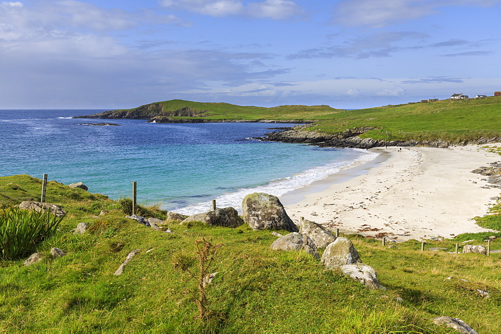 Meal Beach, white sand, turquoise water, one of Shetland's finest, Island of West Burra, Shetland Isles, Scotland, United Kingdom, Europe