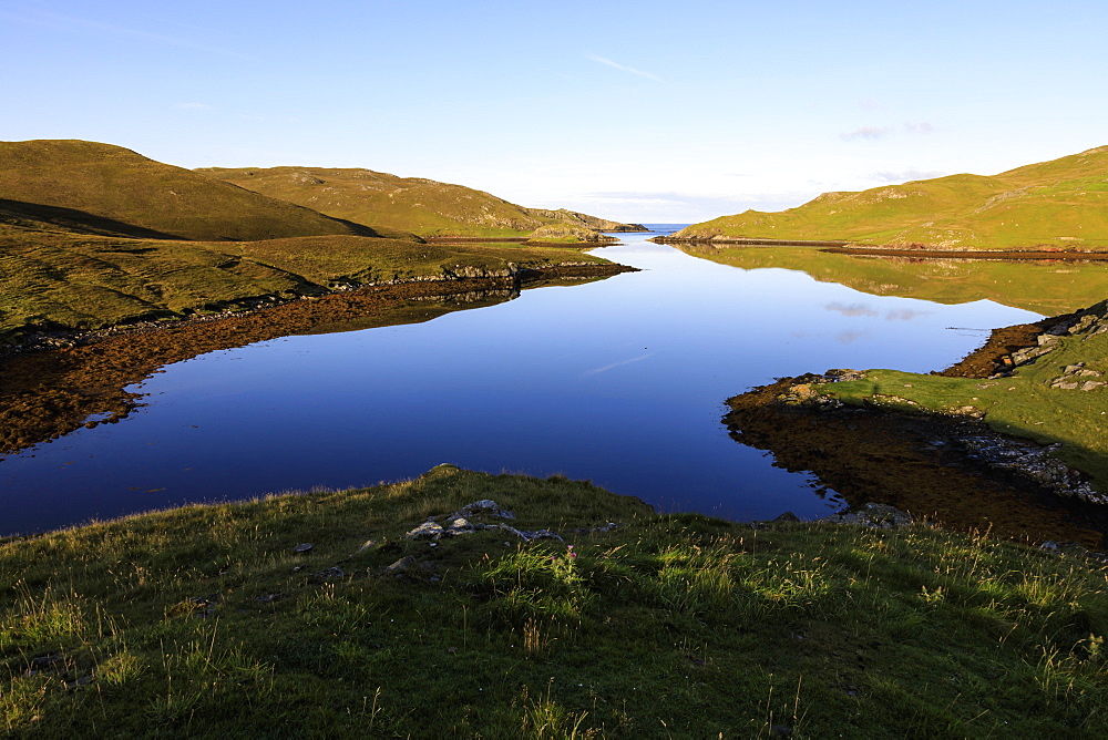 Mavis Grind, early morning reflections, narrow isthmus between North Sea and Atlantic Ocean, Shetland Isles, Scotland, United Kingdom, Europe, Europe