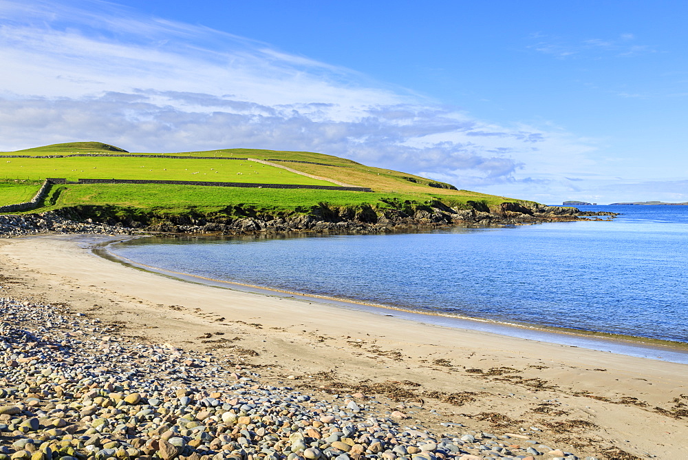 Beautiful Sandwick beach, green hills and cliffs of Ness of Hillswick, Northmavine, Shetland Isles, Scotland, United Kingdom, Europe