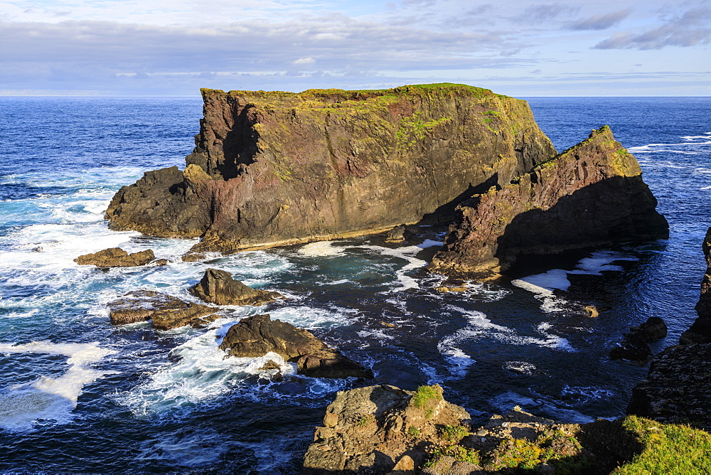 Frothy seas around Moo Stack, Eshaness, jagged cliffs and stacks, Northmavine, Shetland Isles, Scotland, United Kingdom, Europe