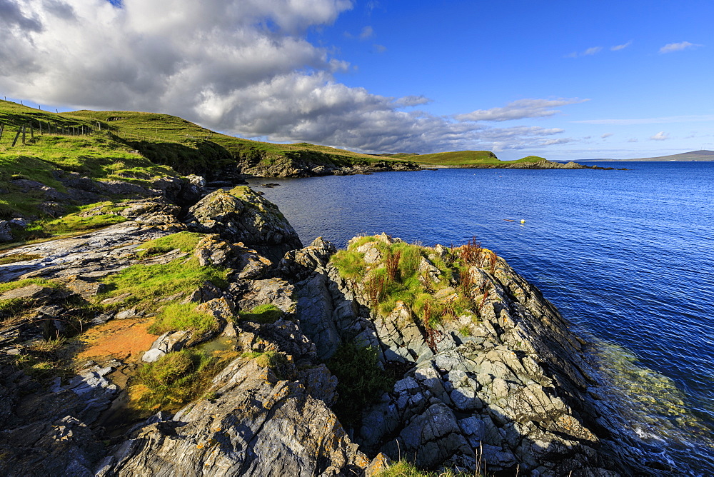 View towards Bressay on a beautiful day, Bay of Ocraquoy, Fladdabister, South Mainland, Shetland Isles, Scotland, United Kingdom, Europe