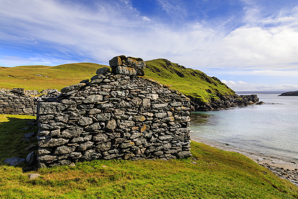 Isle of Fethaland, major Haaf Fishing Station, ruined fishermen's huts, East Ayre, North Mainland, Shetland Isles, Scotland, United Kingdom, Europe