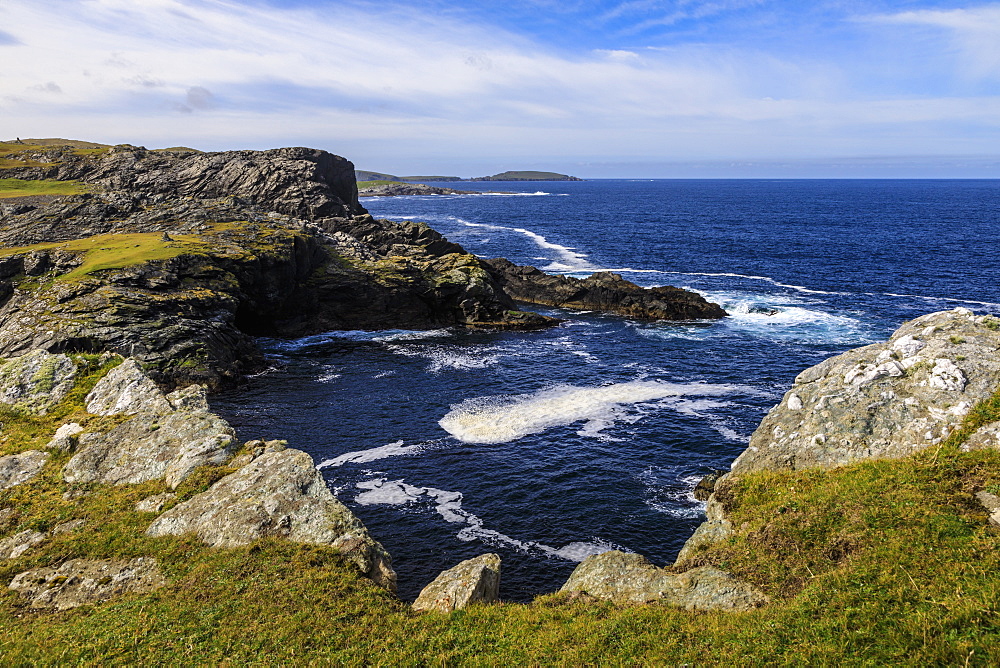 Isle of Fethaland, frothy sea, dramatic coast, view South to Isle of Uyea, North Roe, North Mainland, Shetland Isles, Scotland, United Kingdom, Europe