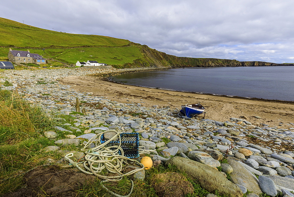 Norwick Beach, yoal, rowing boat, lobster pot, croft houses, Skaw, Island of Unst, Shetland Isles, Scotland, United Kingdom, Europe