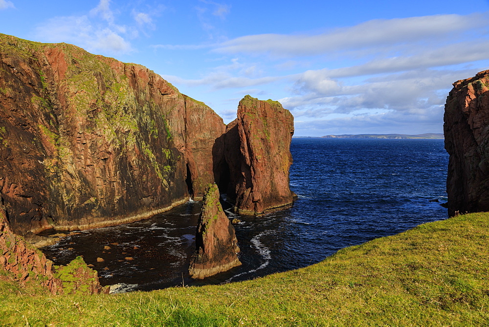 North Ham, lichen covered huge red granite cliffs and stacks, Muckle Roe Island, Shetland Isles, Scotland, United Kingdom, Europe