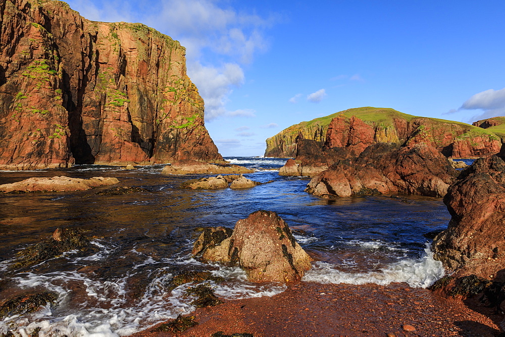 North Ham Bay, deep inlet, lichen covered red granite cliffs and stacks, seaweed, Muckle Roe Island, Shetland Isles, Scotland, United Kingdom, Europe