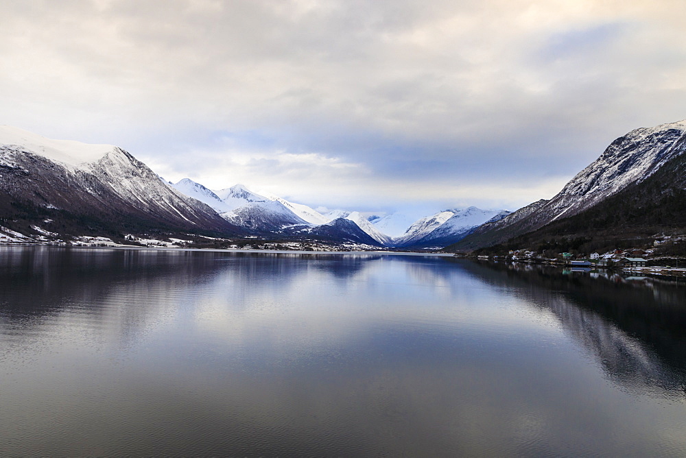 Romsdalsfjord, mountain snow, dawn, Andalsnes, Winter, More og Romsdal, Norway, Scandinavia, Europe