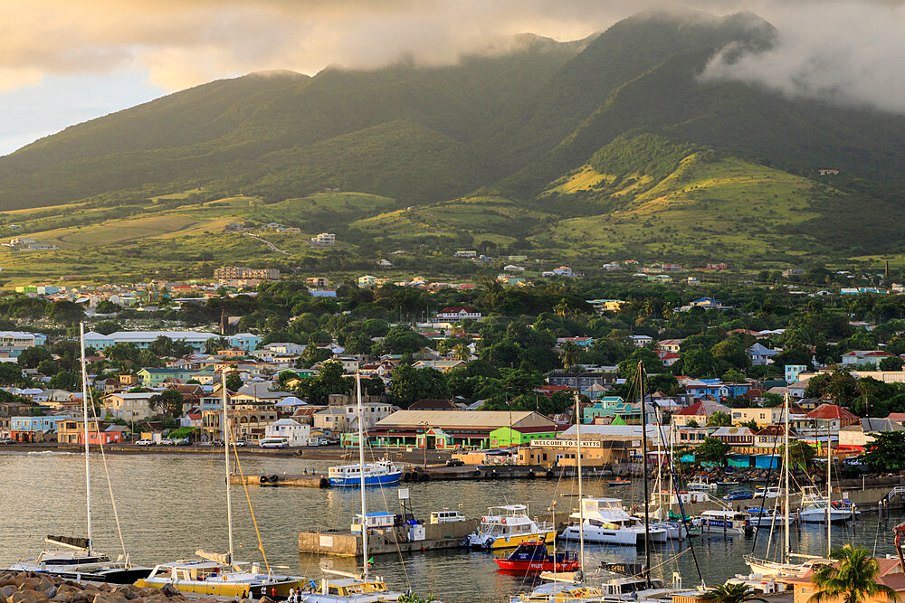 Basseterre, sunset, elevated view, St. Kitts, St. Kitts and Nevis, Leeward Islands, West Indies, Caribbean, Central America