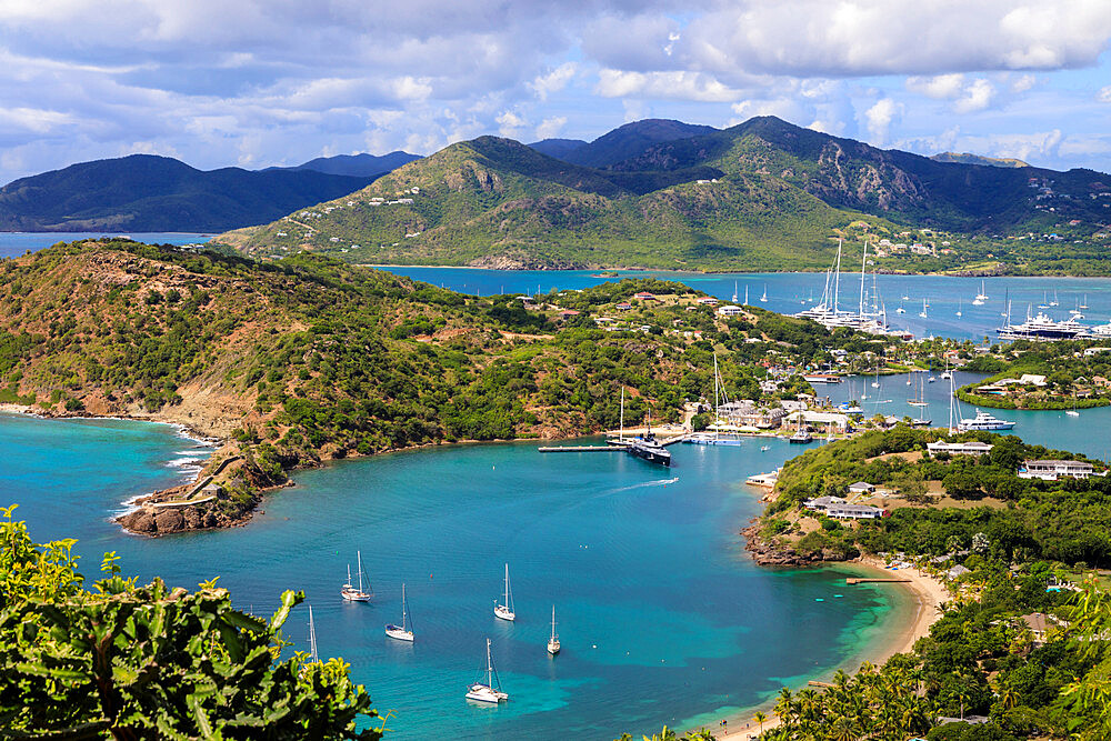 Galleon Beach, Freemans Bay, Nelsons Dockyard and English Harbour, Falmouth Harbour, from Shirley Heights, Antigua, Antigua and Barbuda, Leeward Islands, West Indies, Caribbean, Central America