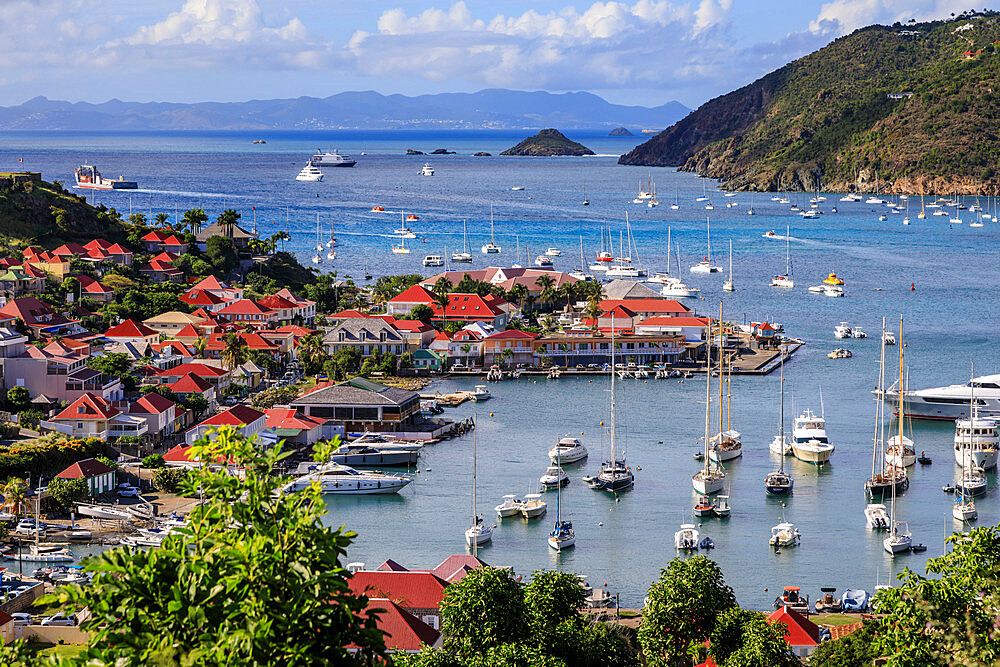 Elevated view over pretty red rooftops of town and sea, Gustavia, St. Barthelemy (St. Barts) (St. Barth), West Indies, Caribbean, Central America