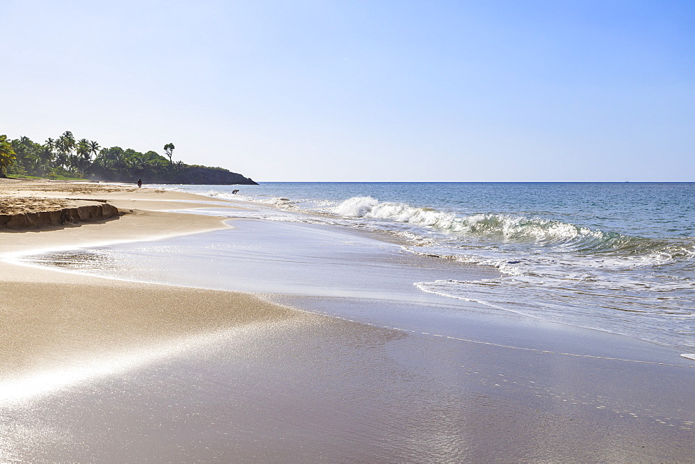 Tropical Anse de la Perle beach, backlit people, golden sand, Death In Paradise location, Deshaies, Guadeloupe, Leeward Islands, West Indies, Caribbean, Central America