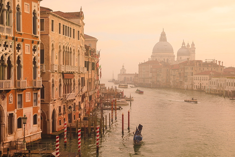 Beautiful Grand Canal, winter fog, morning golden light, Santa Maria della Salute, Venice, UNESCO World Heritage Site, Veneto, Italy, Europe