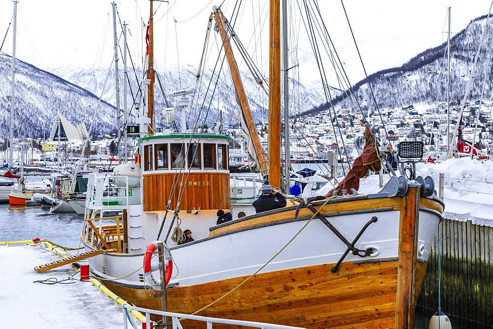 Small boat harbour, fjord, Arctic Cathedral, deep snow in winter, Tromso, Troms og Finnmark, Arctic Circle, North Norway, Scandinavia, Europe