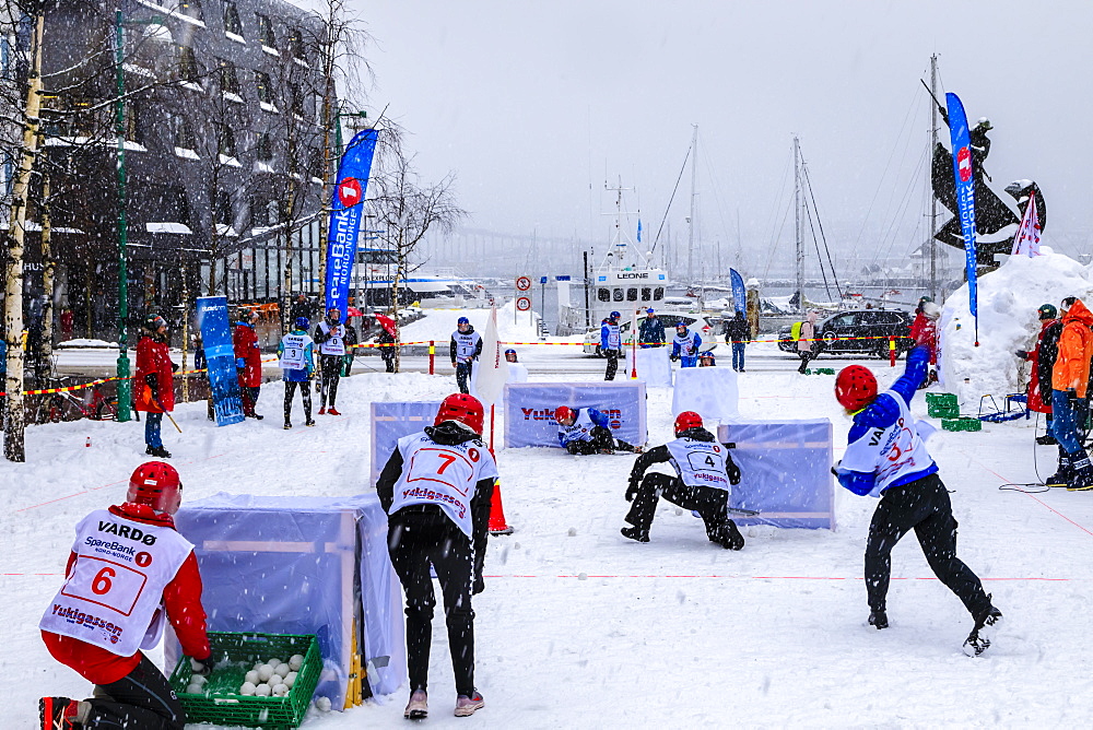 Yukigassen, snowball fight, Winter team sport, heavy snow, Central Tromso, Troms og Finnmark, Arctic Circle, North Norway, Scandinavia, Europe