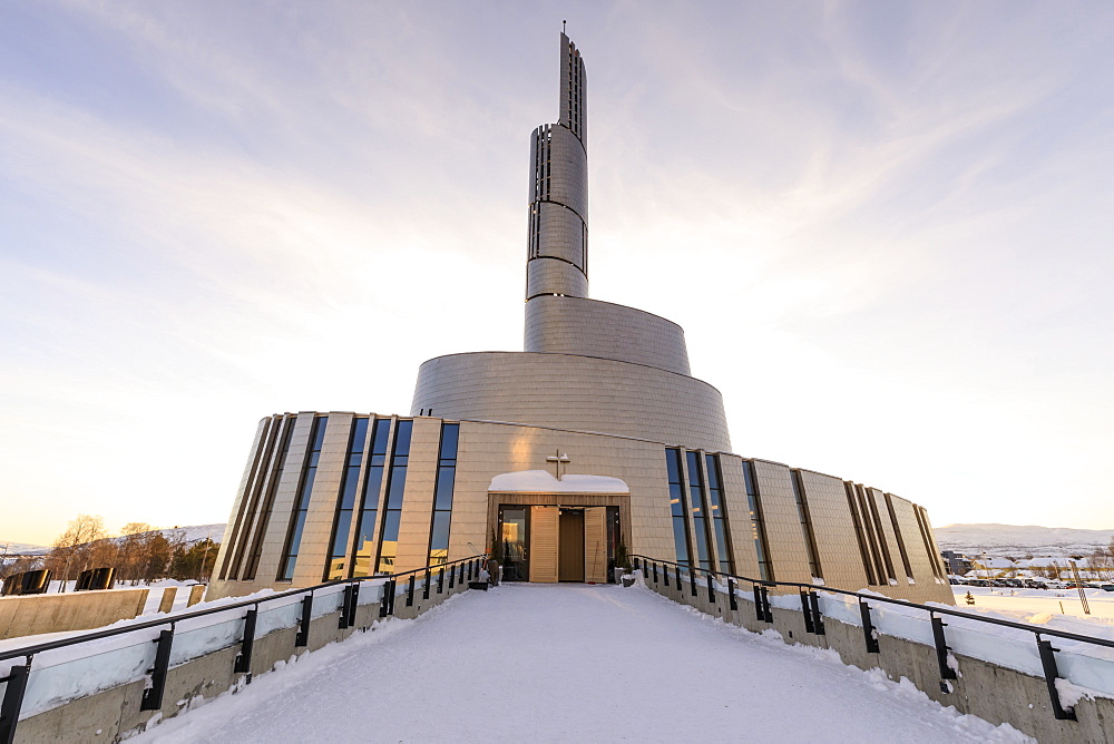 Northern Lights Cathedral, titanium clad, deep snow in winter, sunset, Alta, Troms og Finnmark, Arctic Circle, North Norway, Scandinavia, Europe