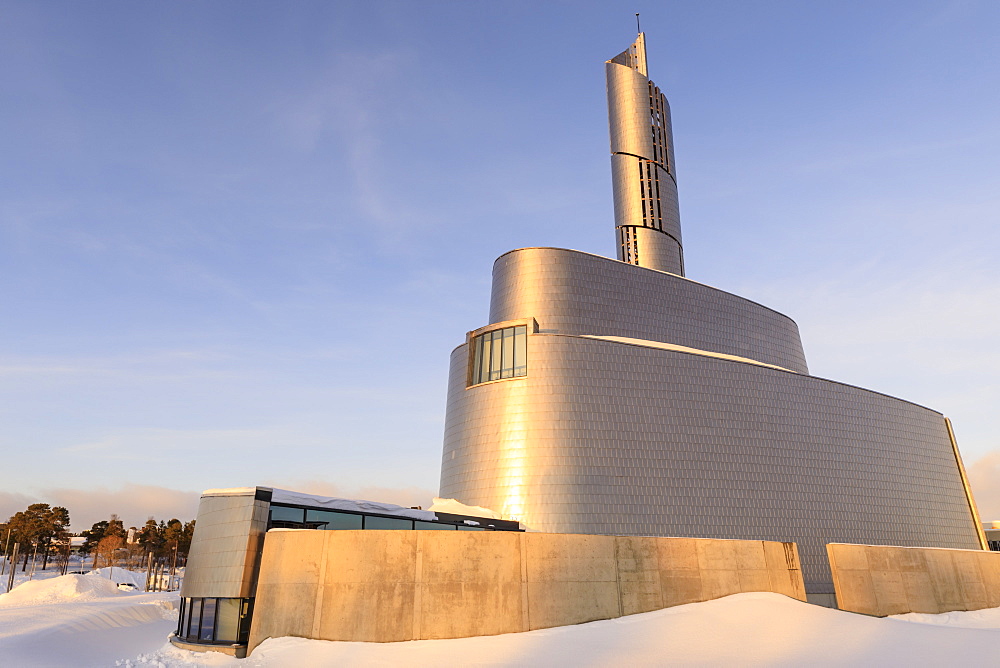 Northern Lights Cathedral, titanium clad, deep snow, sunset golden hour in winter, Alta, Troms og Finnmark, Arctic Circle, Norway, Scandinavia, Europe