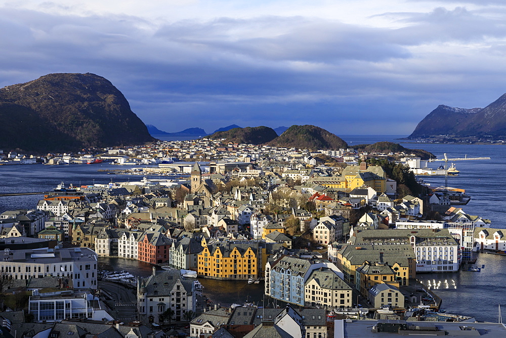 View from Aksla hill over Alesund, Art Nouveau buildings, mountains and sea in winter, Alesund, More og Romsdal, Norway, Scandinavia, Europe