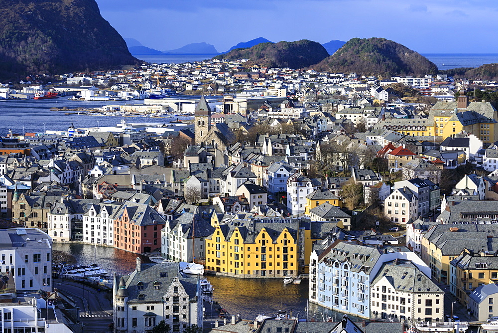 View from Aksla hill over Alesund, Art Nouveau buildings, mountains and sea in winter, Alesund, More og Romsdal, Norway, Scandinavia, Europe