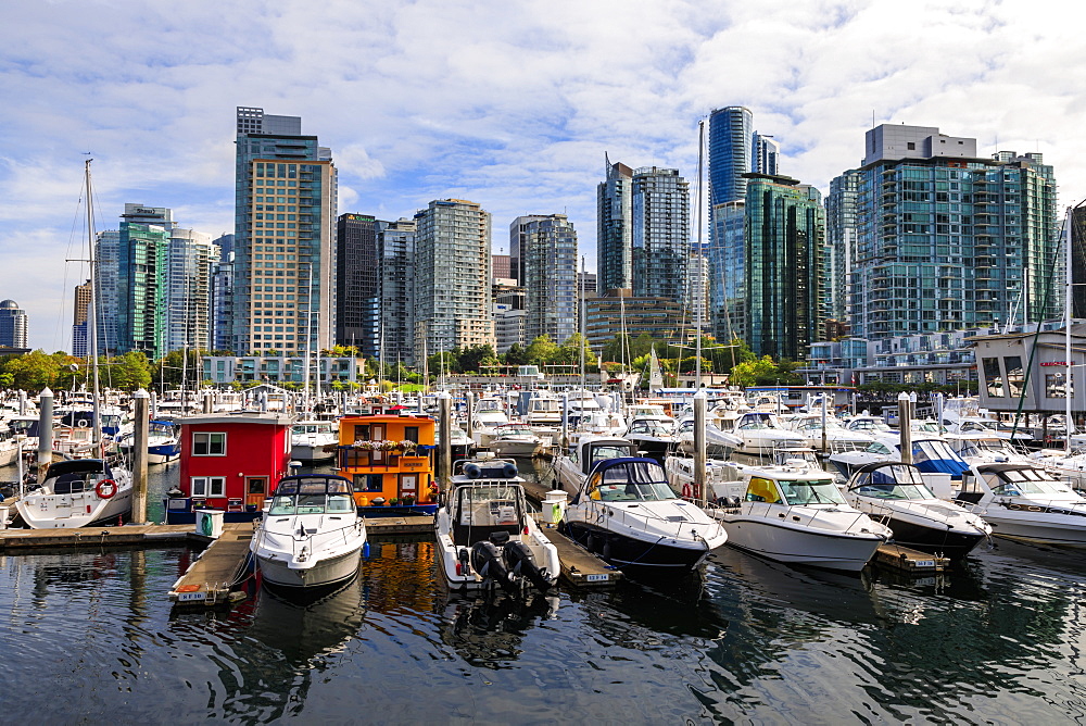 Marina at Coal Harbour, with leisure craft and house boats, city skyline, Vancouver, British Columbia, Canada, North America