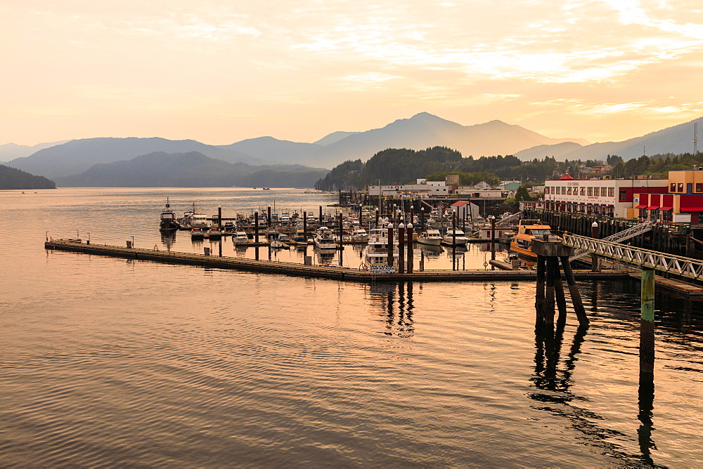 Misty sunrise, waterfront and mountains of Prince Rupert, Inside Passage, North West British Columbia, Canada, North America