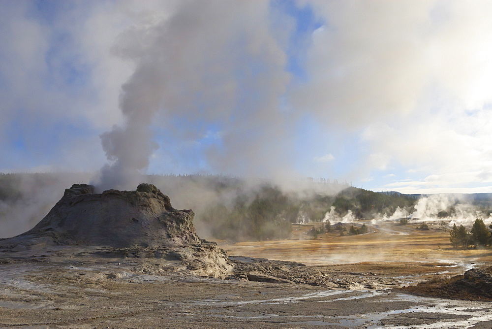 Castle Geyser and steamy surrounds, Upper Geyser Basin, Yellowstone National Park, UNESCO World Heritage Site, Wyoming, United States of America, North America