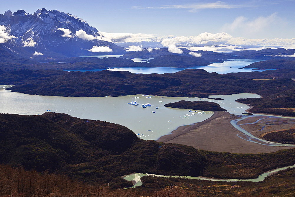 View of lakes Grey, Pehoe, Nordenskjold and Sarmiento, from Ferrier Vista Point, Torres del Paine, Patagonia, Chile, South America