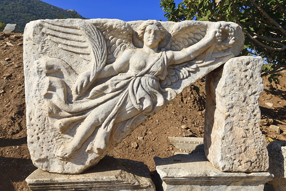 Relief of Nike, winged goddess of victory, Roman ruins of ancient Ephesus, near Kusadasi, Anatolia, Turkey, Asia Minor, Eurasia