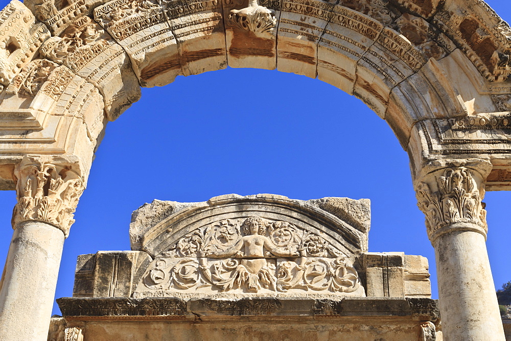 Detail of the Temple of Hadrian, Roman ruins of ancient Ephesus, near Kusadasi, Anatolia, Turkey, Asia Minor, Eurasia