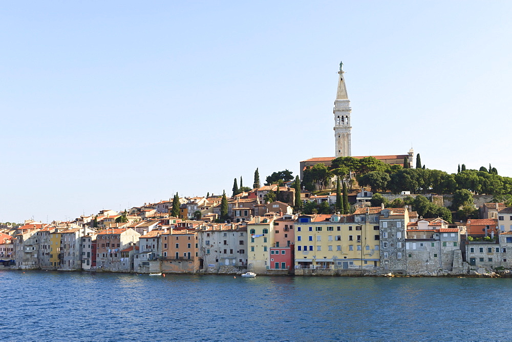 Church of St. Euphemia and Old Town from the sea on a summer's early morning, Rovinj (Rovigno) peninsula, Istria, Croatia, Europe