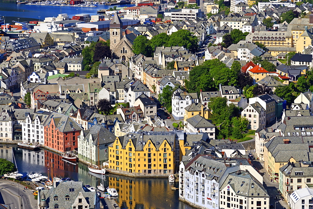 View from Aksla hill over the Art Nouveau buildings of Alesund, More og Romsdal, Norway, Scandinavia, Europe