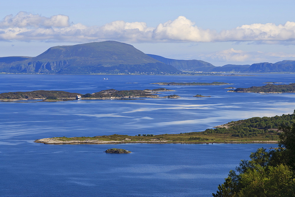 View from Aksla hill over islands and green hills, Alesund, More og Romsdal, Norway, Scandinavia, Europe