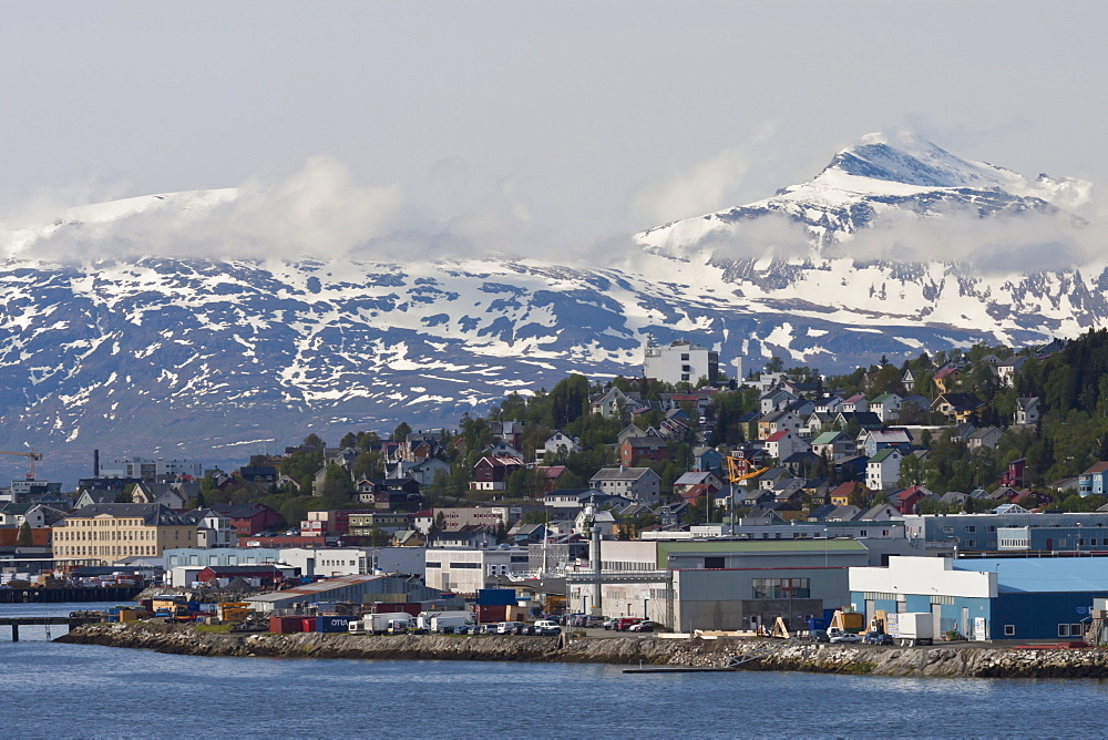 Tromso in June with snowy mountains, Tromso, Troms, Norway, Scandinavia, Europe