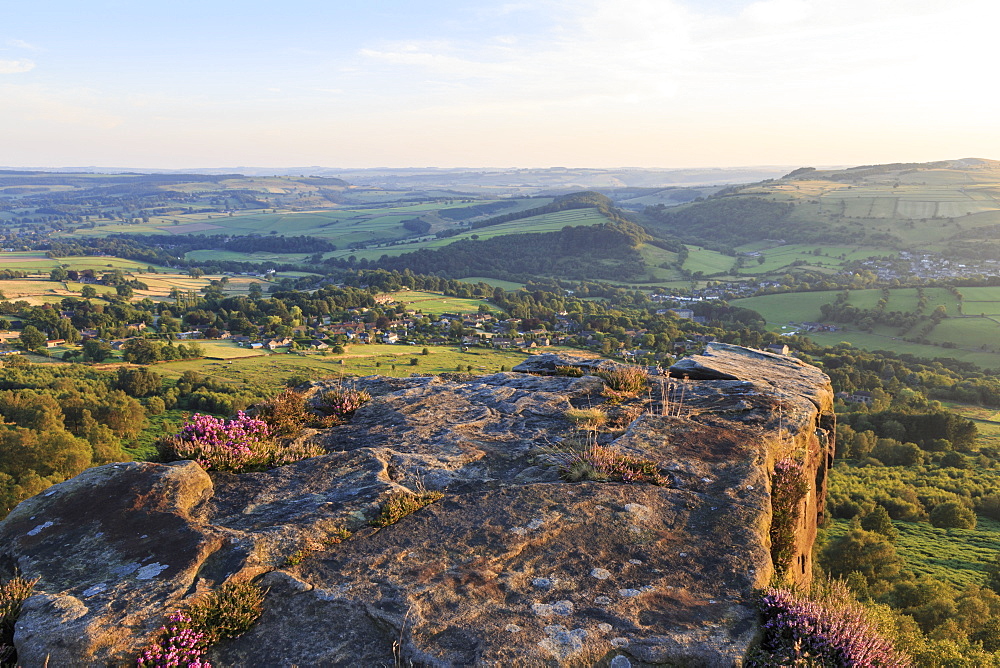 Curbar and Calver villages from Curbar Edge on a summer evening, Peak District National Park, Derbyshire, England, United Kingdom, Europe