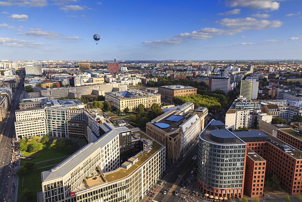 Elevated view, Hi-Flyer over Leipziger Strasse to Stresemannstrasse area, from Panoramapunkt, Potsdamer Platz, Berlin, Germany, Europe