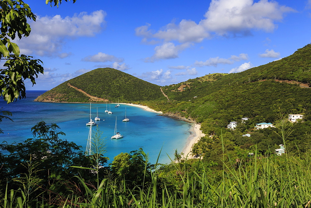 Elevated view of White Bay beaches and yachts, Jost Van Dyke, British Virgin Islands, West Indies, Caribbean, Central America