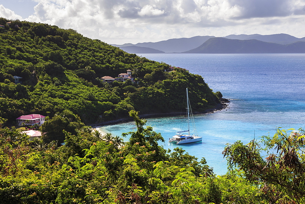 Elevated view of cove with yacht, White Bay, Jost Van Dyke, British Virgin Islands, West Indies, Caribbean, Central America