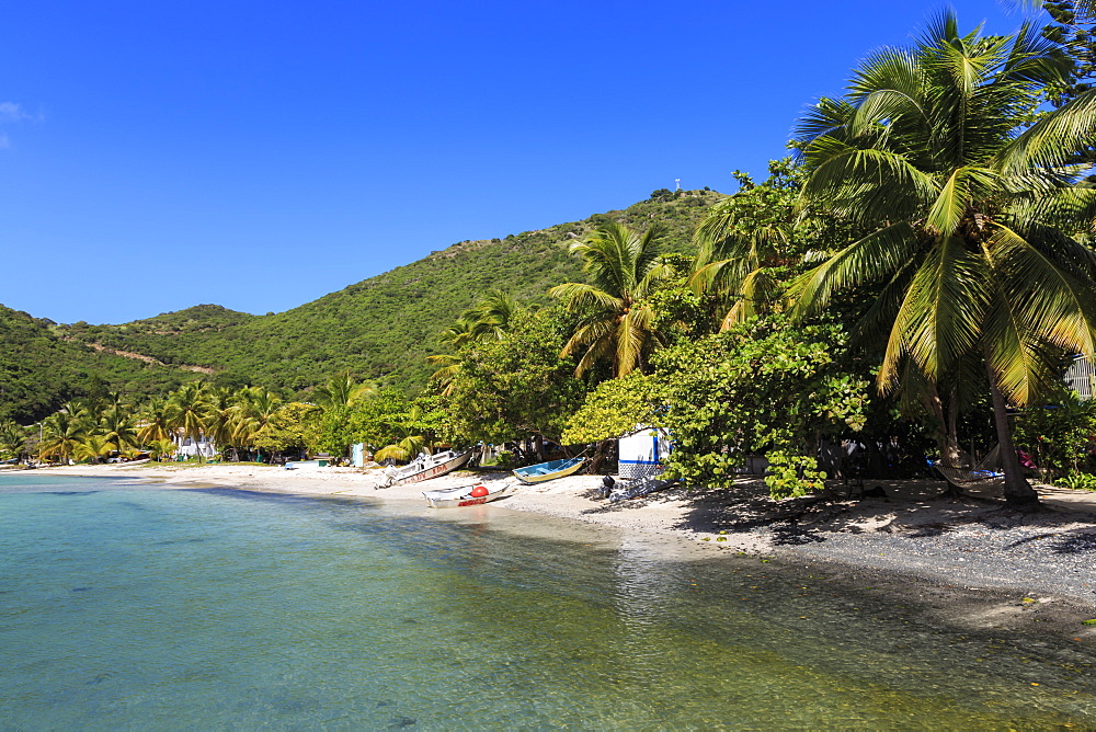 Clear water, beach, boats and palms, Great Harbour, Jost Van Dyke, British Virgin Islands, West Indies, Caribbean, Central America