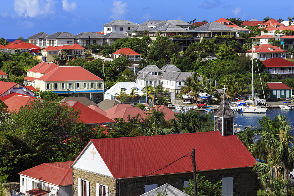 Elevated view of Anglican church and harbour, Gustavia, St. Barthelemy (St. Barts) (St. Barth), West Indies, Caribbean, Central America