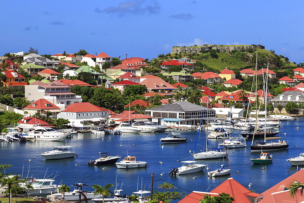 Elevated view of Fort Oscar and harbour, Gustavia, St. Barthelemy (St. Barts) (St. Barth), West Indies, Caribbean, Central America