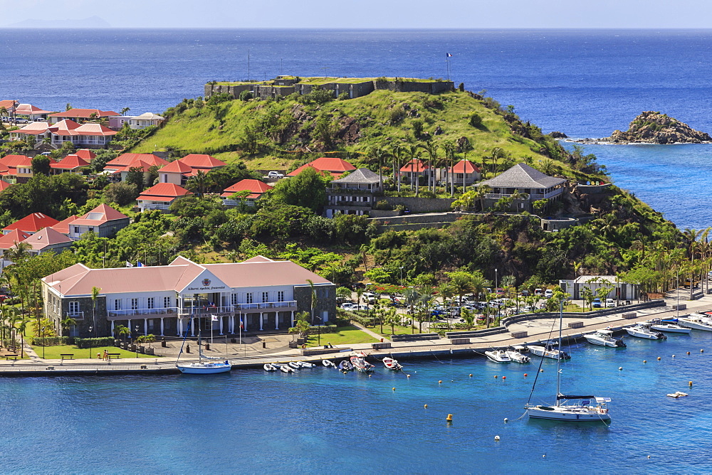 Elevated view, Hotel de la Collectivitie and Fort Oscar from Fort Gustave, Gustavia, St. Barthelemy (St. Barts (St. Barth), West Indies, Caribbean, Central America