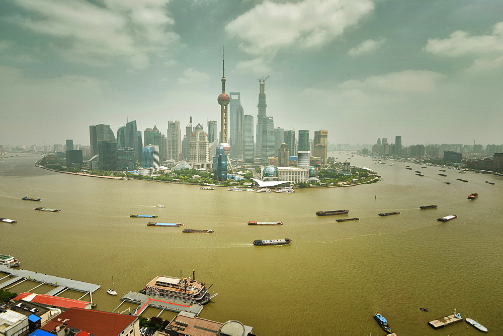 Shanghai Pudong with Huangpu River and ship traffic, Shanghai, China, Asia 