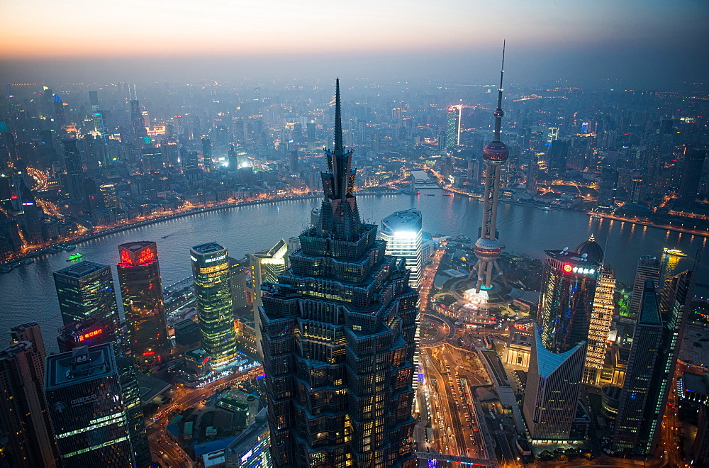 Shanghai Pudong with Jin Mao Tower, Oriental Pearl Tower, Huangpu River and Puxi cityscape, Shanghai, China, Asia 