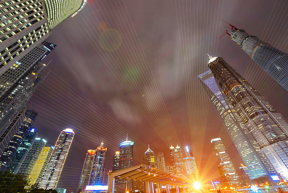 Modern skyscrapers and lights at Shanghai Lujiazui, Shanghai, China, Asia 