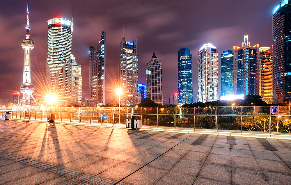 Cityscape Shanghai Lujiazui with Oriental Pearl Tower, skyscrapers and bright lights at night, Shanghai, China, Asia