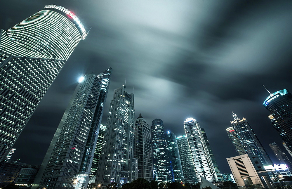 Lujiazui skyscrapers in a nightly long exposure, Shanghai, China, Asia